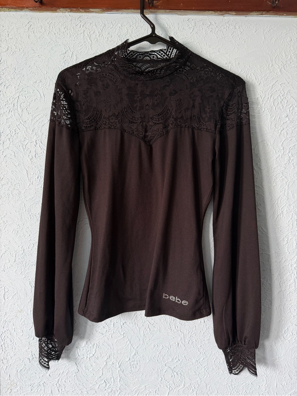 bebe y2k vintage Long Sleeve Lace Yoke Top in Black
